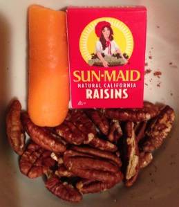 Sun-maid raisins, toasted pecans and baby carrots